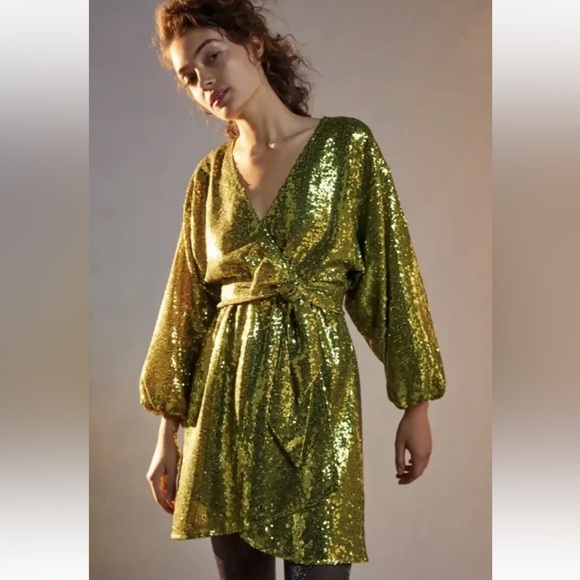 Anthropologie Sequin Wrap Dress in Chartruse - Picture 3 of 12